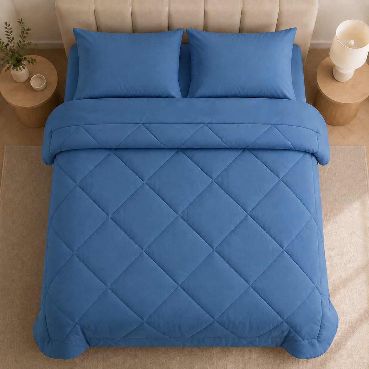 Quilted comforter with geometric diamond stitching on a bed