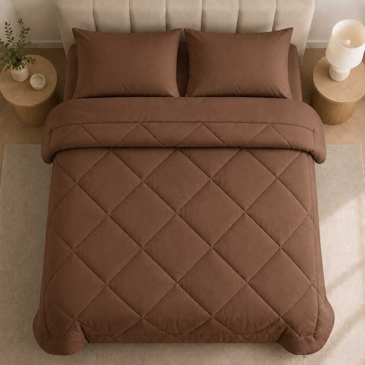 Quilted comforter with geometric diamond stitching on a bed