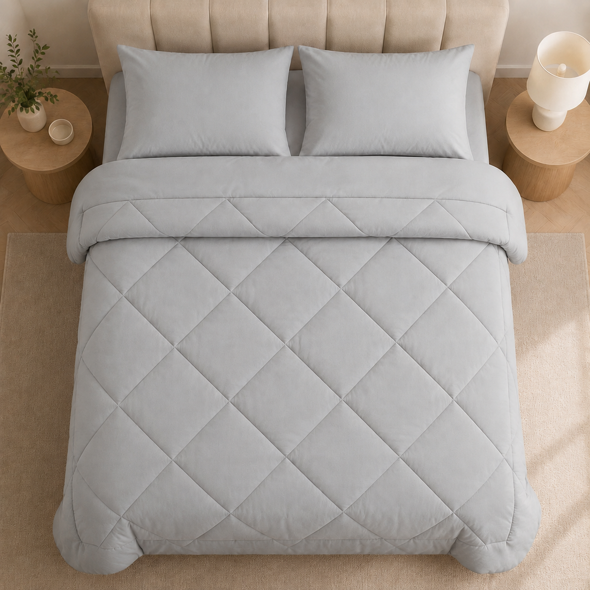 Quilted comforter with geometric diamond stitching on a bed