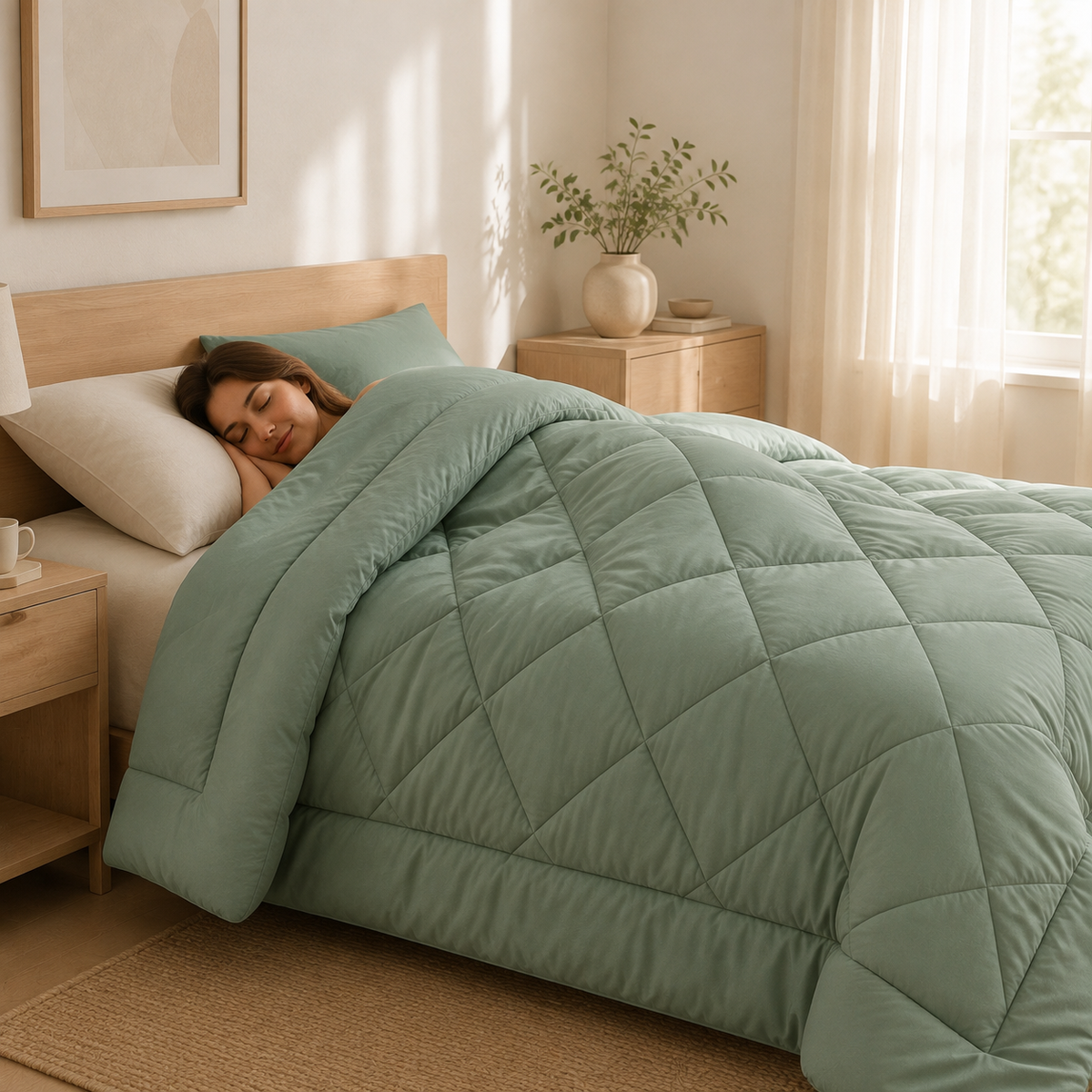 Quilted comforter with geometric diamond stitching on a bed