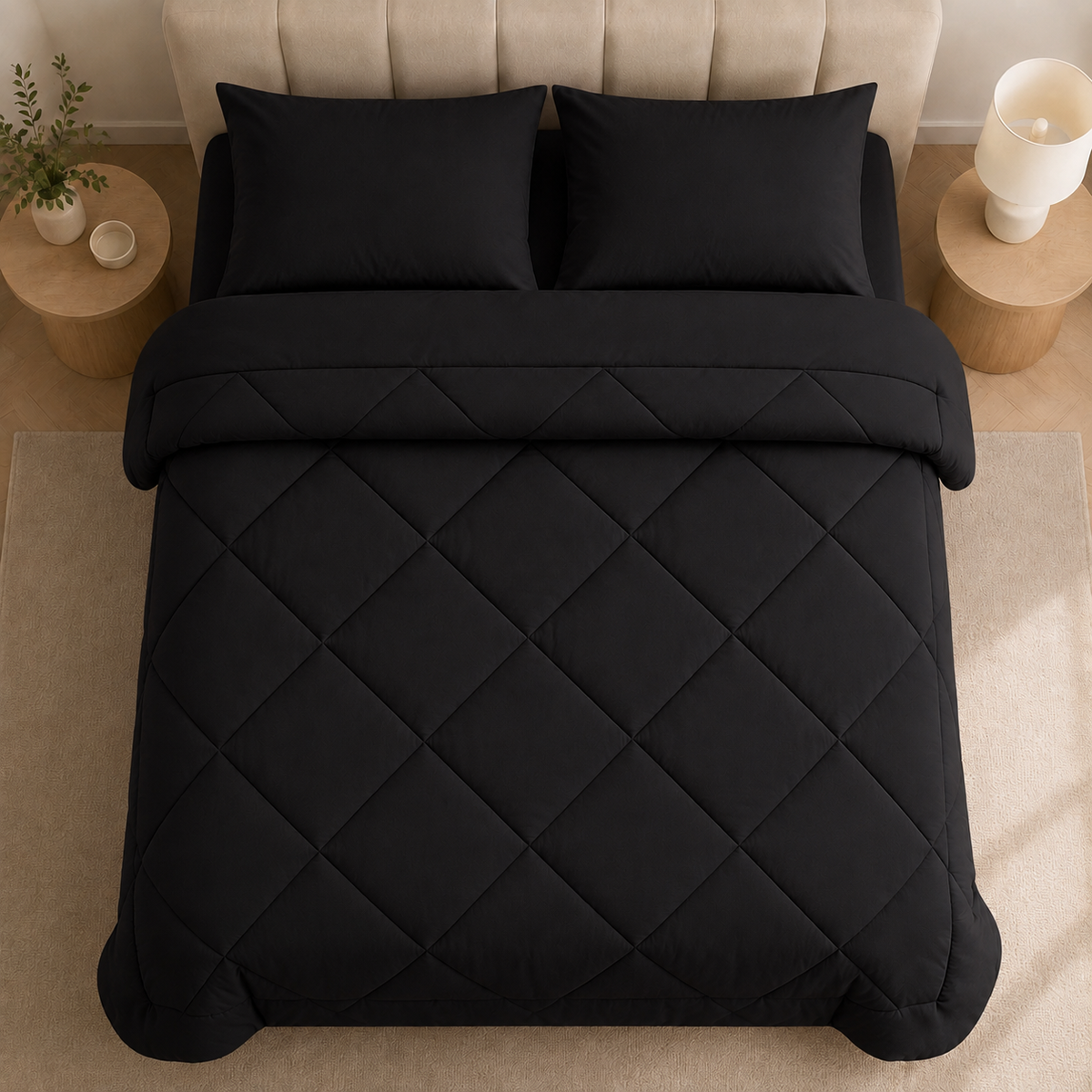 Quilted comforter with geometric diamond stitching on a bed