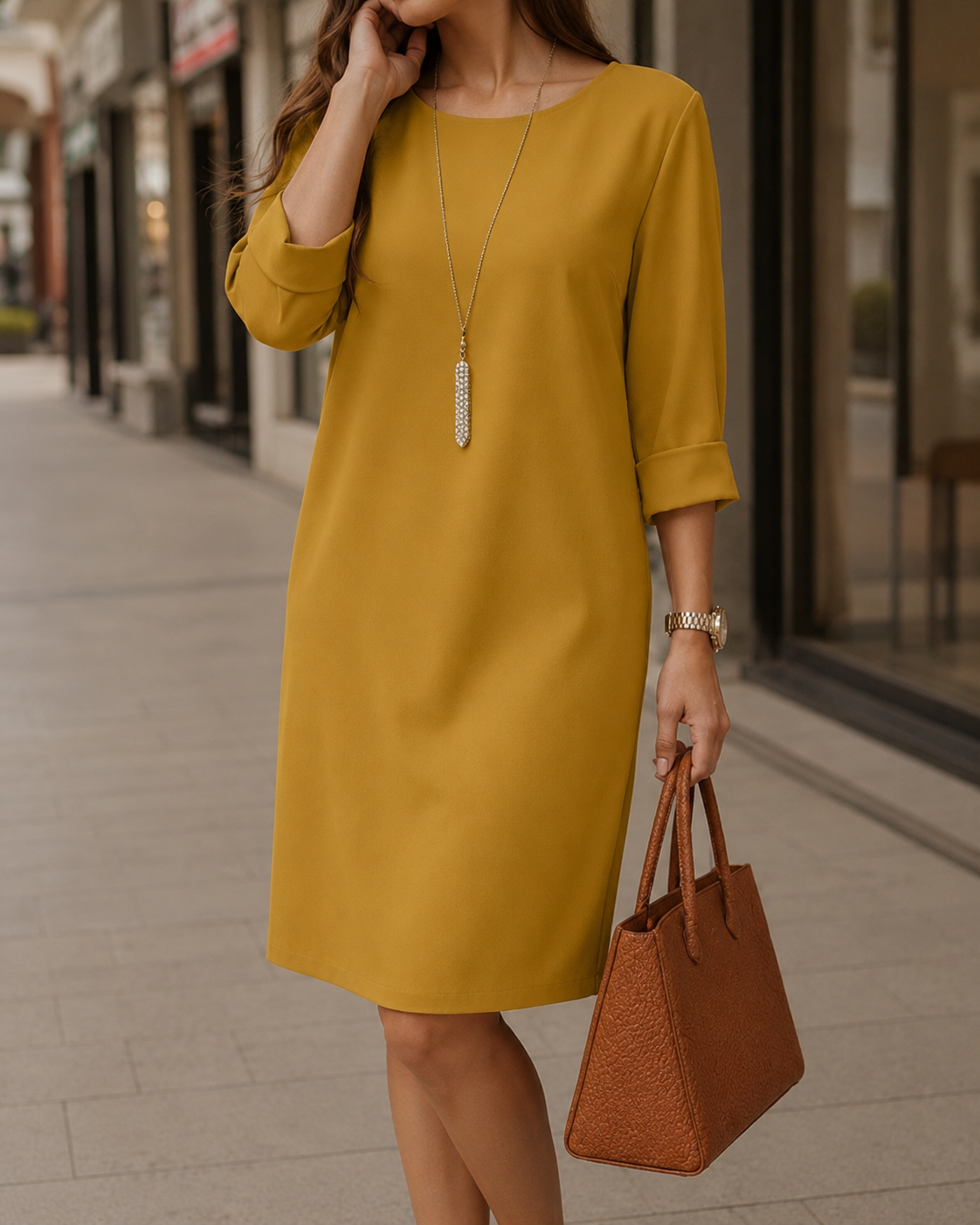 Women's relaxed solid midi dress with round neckline, rolled three-quarter sleeves and side pockets