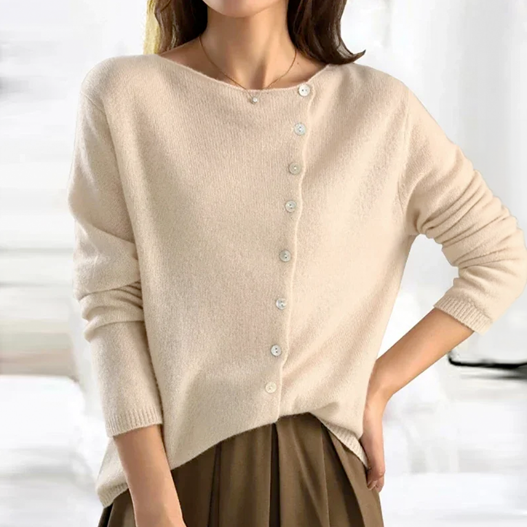 Women's long sleeve button-front cardigan with V-neck and ribbed trims