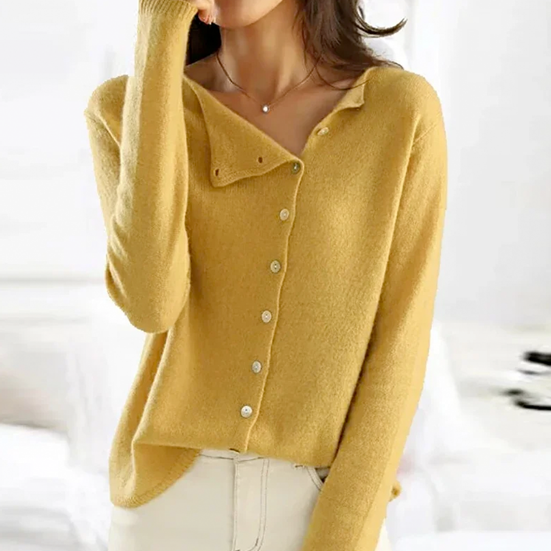 Women's long sleeve button-front cardigan with V-neck and ribbed trims