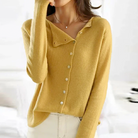 Women's long sleeve button-front cardigan with V-neck and ribbed trims