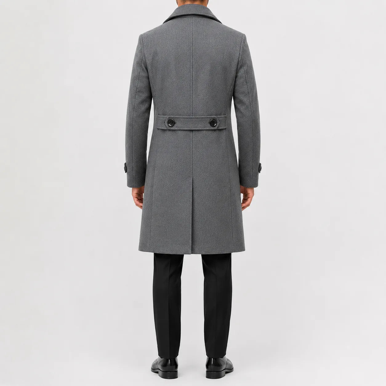 Men's long double-breasted trench coat with notched lapels and cuff tabs