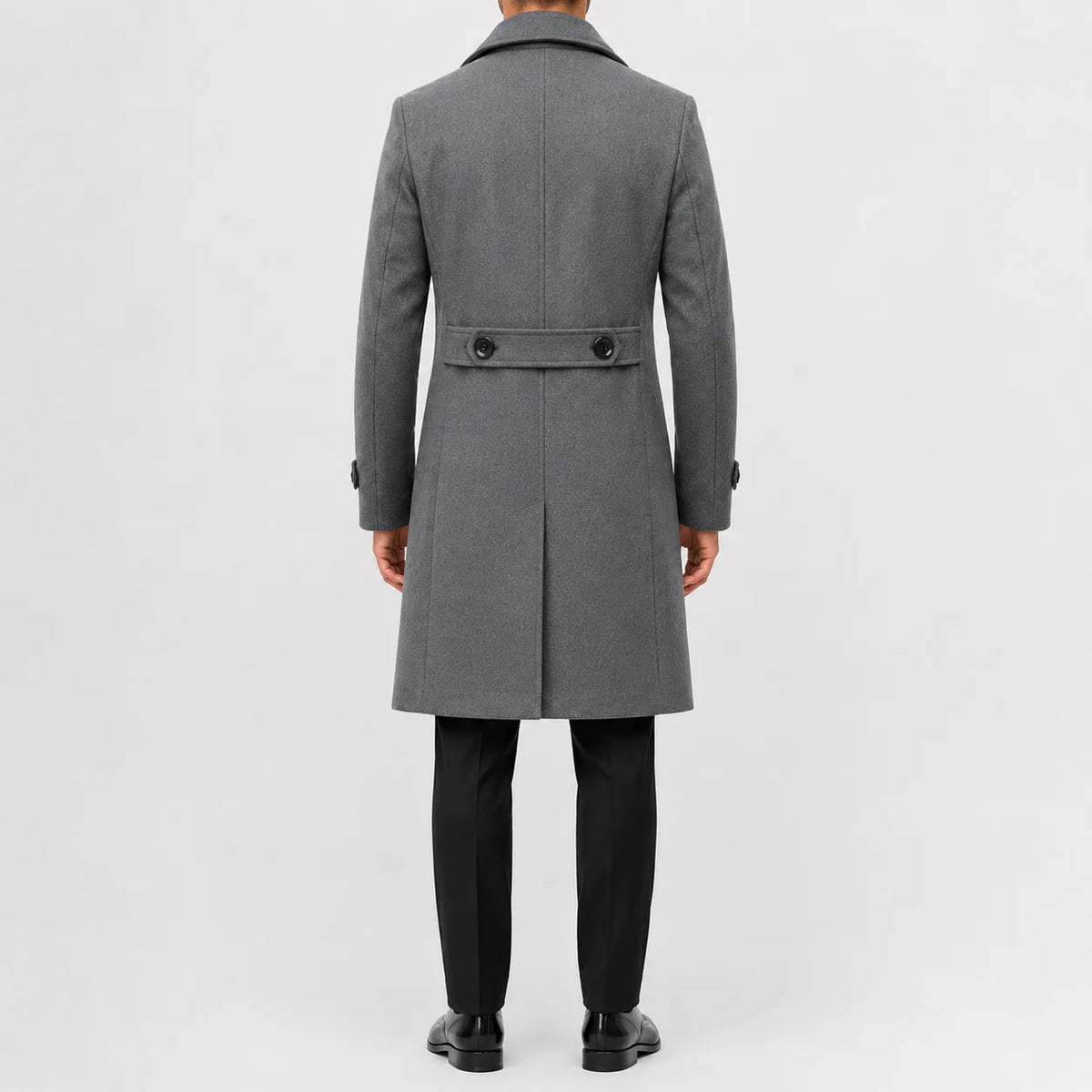 Men's long double-breasted trench coat with notched lapels and cuff tabs