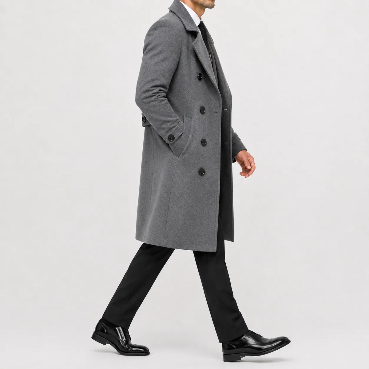 Men's long double-breasted trench coat with notched lapels and cuff tabs