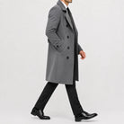 Men's long double-breasted trench coat with notched lapels and cuff tabs