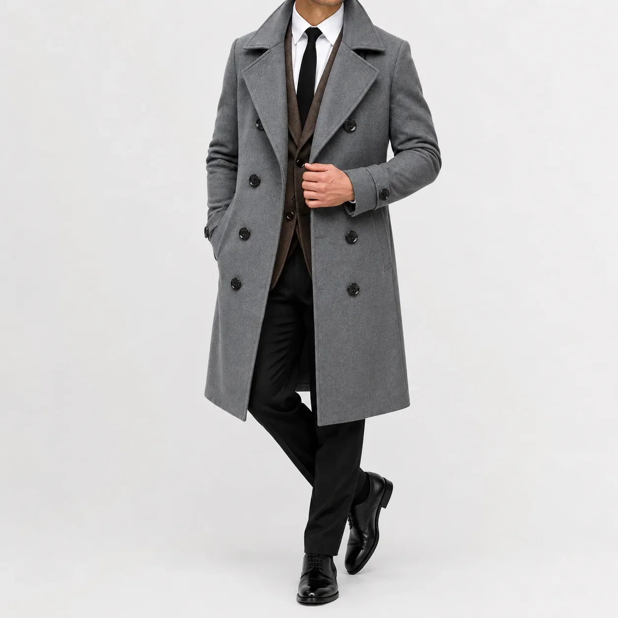Men's long double-breasted trench coat with notched lapels and cuff tabs