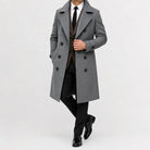 Men's long double-breasted trench coat with notched lapels and cuff tabs