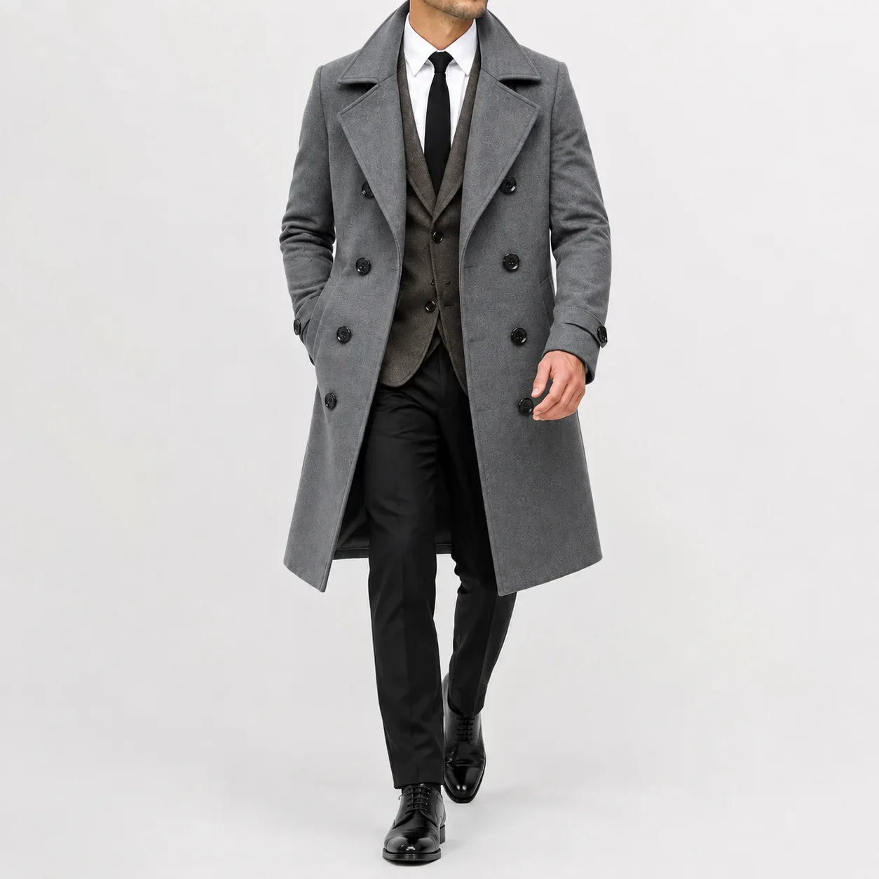 Men's long double-breasted trench coat with notched lapels and cuff tabs