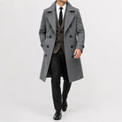 Men's long double-breasted trench coat with notched lapels and cuff tabs