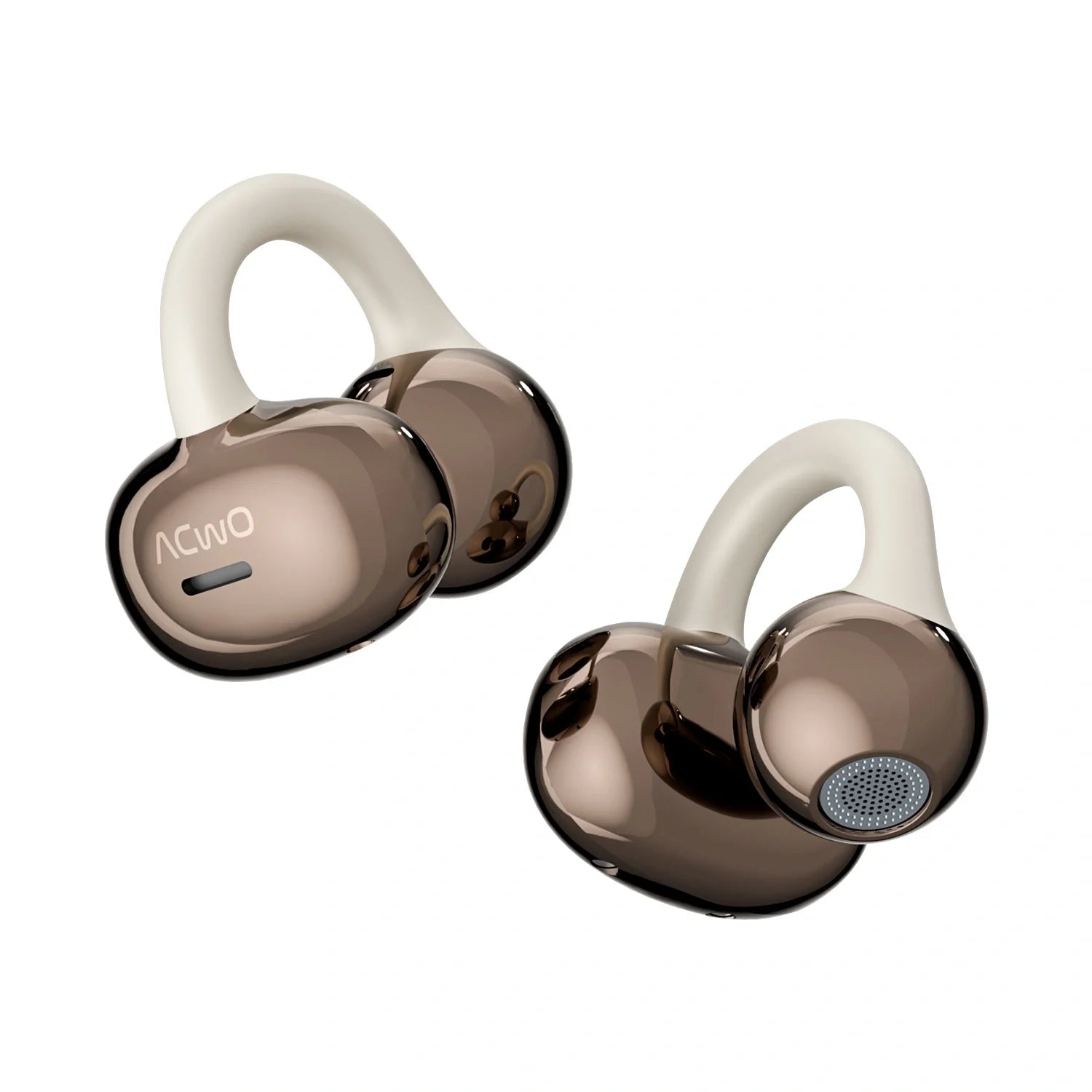 True wireless earbuds with open-ear hooks and carrying case