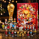 Red football advent calendar with 24 numbered doors and soccer player graphics