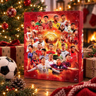 Red football advent calendar with 24 numbered doors and soccer player graphics