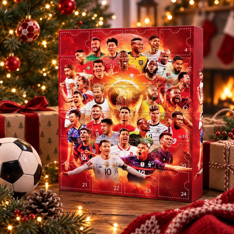 Red football advent calendar with 24 numbered doors and soccer player graphics