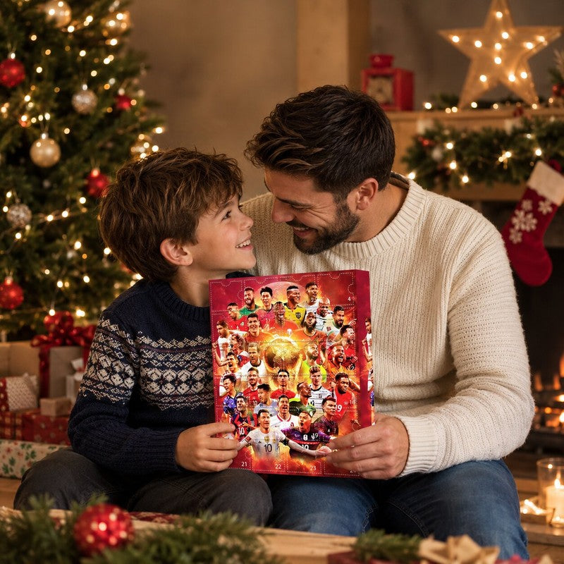 Red football advent calendar with 24 numbered doors and soccer player graphics