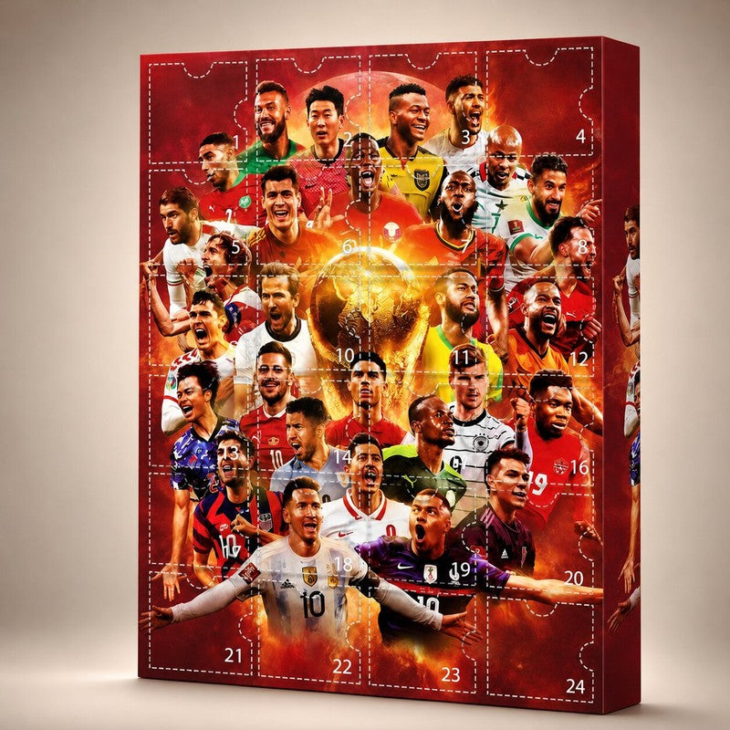 Red football advent calendar with 24 numbered doors and soccer player graphics