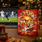 Red football advent calendar with 24 numbered doors and soccer player graphics