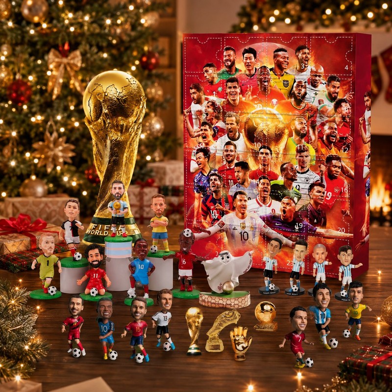 Red football advent calendar with 24 numbered doors and soccer player graphics
