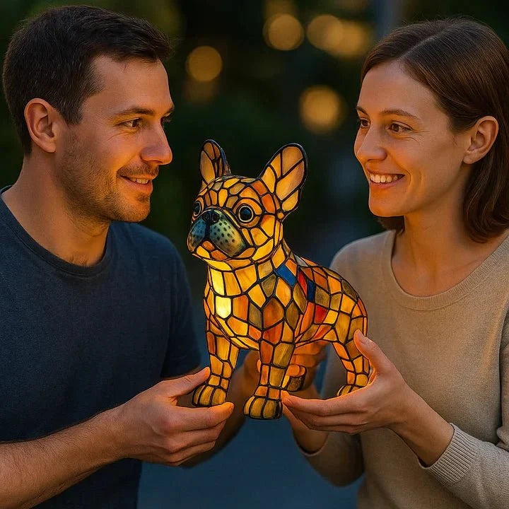 Handmade multicolored stained glass dog table lamp