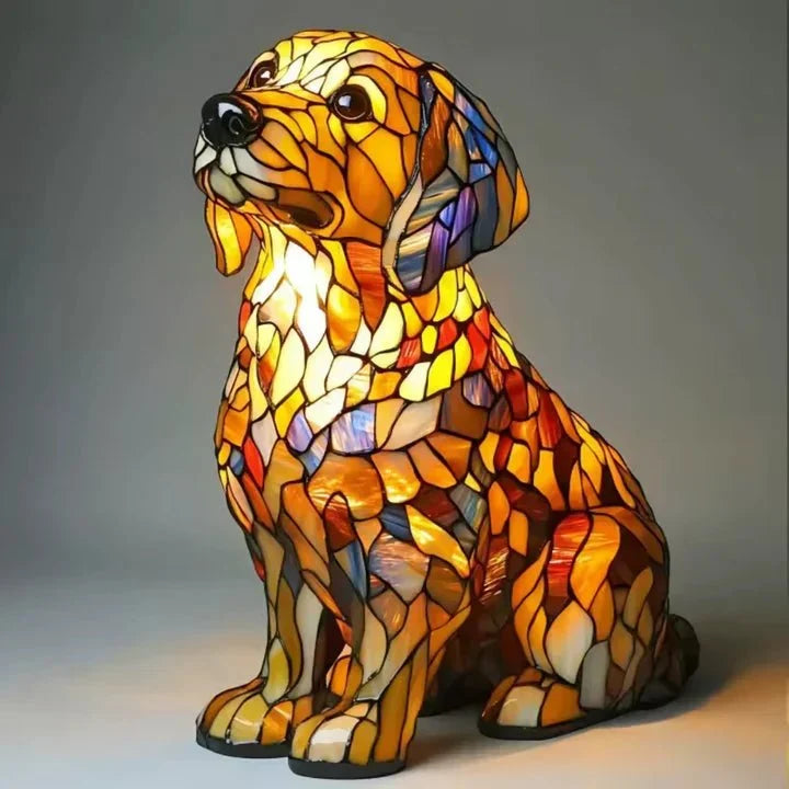 Handmade multicolored stained glass dog table lamp