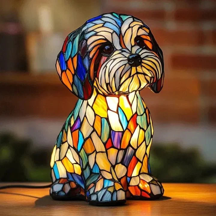 Handmade multicolored stained glass dog table lamp