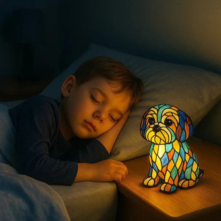 Handmade multicolored stained glass dog table lamp