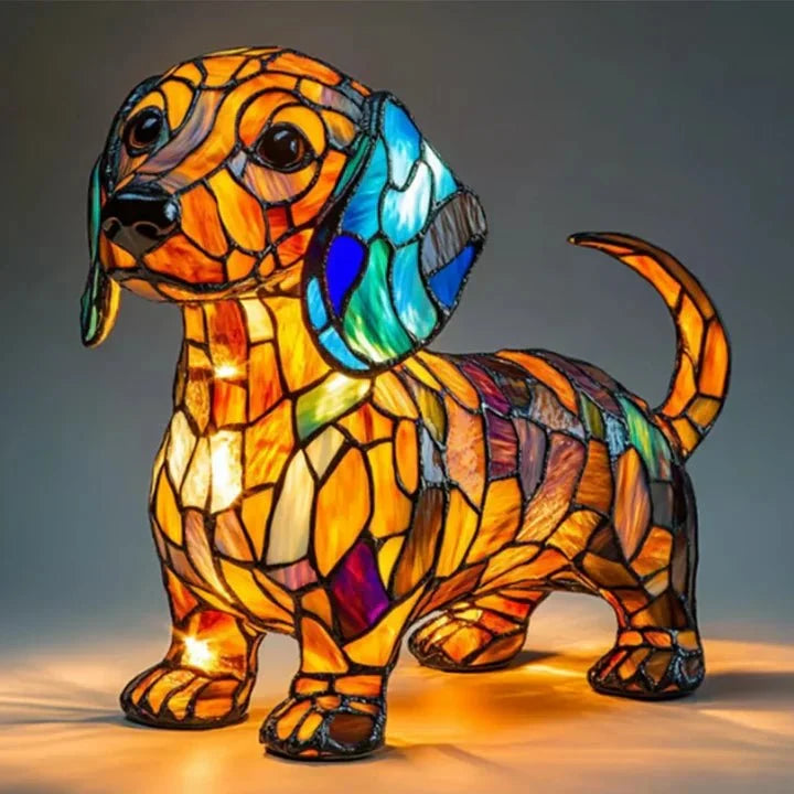 Handmade multicolored stained glass dog table lamp