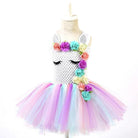 Girls' pastel rainbow unicorn princess dress with layered tulle skirt and matching floral headband