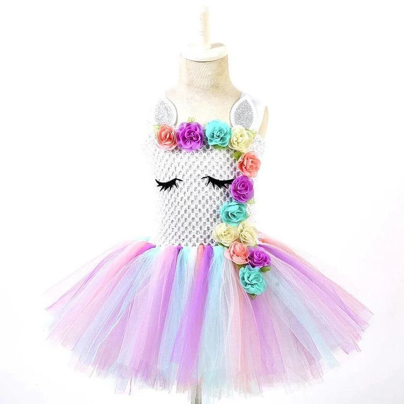 Girls' pastel rainbow unicorn princess dress with layered tulle skirt and matching floral headband