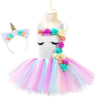 Girls' pastel rainbow unicorn princess dress with layered tulle skirt and matching floral headband
