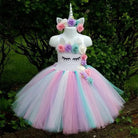 Girls' pastel rainbow unicorn princess dress with layered tulle skirt and matching floral headband