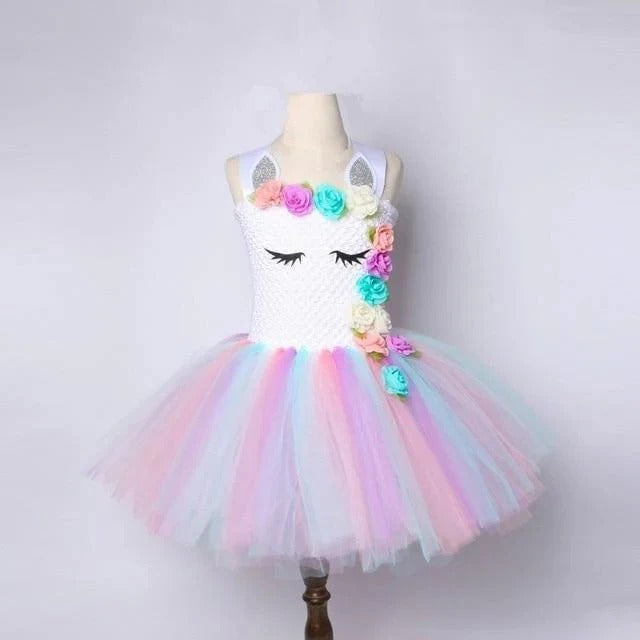 Girls' pastel rainbow unicorn princess dress with layered tulle skirt and matching floral headband