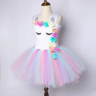 Girls' pastel rainbow unicorn princess dress with layered tulle skirt and matching floral headband
