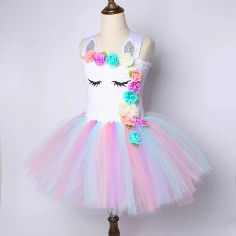 Girls' pastel rainbow unicorn princess dress with layered tulle skirt and matching floral headband