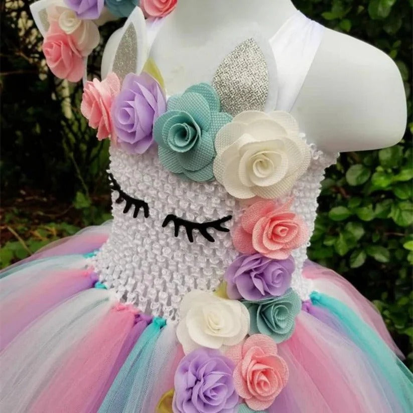 Girls' pastel rainbow unicorn princess dress with layered tulle skirt and matching floral headband