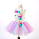 Girls' pastel rainbow unicorn princess dress with layered tulle skirt and matching floral headband