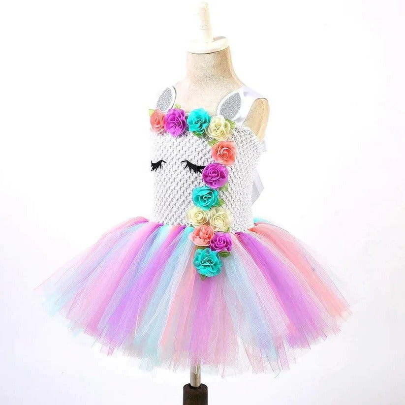 Girls' pastel rainbow unicorn princess dress with layered tulle skirt and matching floral headband
