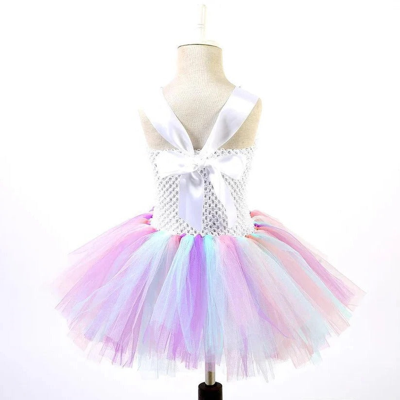 Girls' pastel rainbow unicorn princess dress with layered tulle skirt and matching floral headband