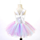 Girls' pastel rainbow unicorn princess dress with layered tulle skirt and matching floral headband