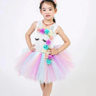 Girls' pastel rainbow unicorn princess dress with layered tulle skirt and matching floral headband