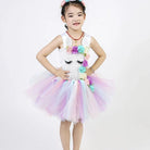 Girls' pastel rainbow unicorn princess dress with layered tulle skirt and matching floral headband