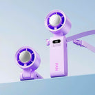 Portable handheld turbo fan with dual fan heads, digital display, and wearable neck strap