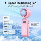 Portable handheld turbo fan with dual fan heads, digital display, and wearable neck strap
