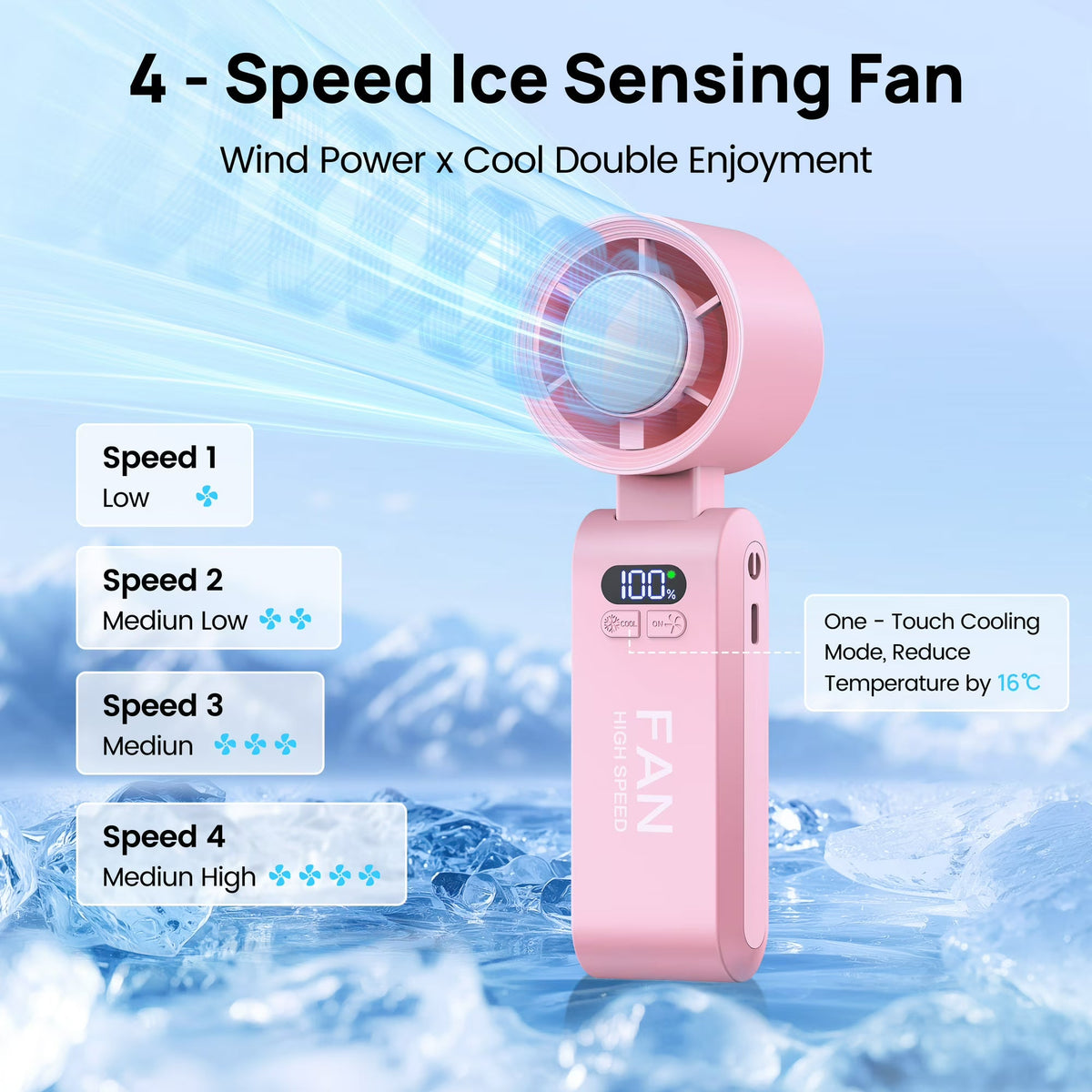 Portable handheld turbo fan with dual fan heads, digital display, and wearable neck strap