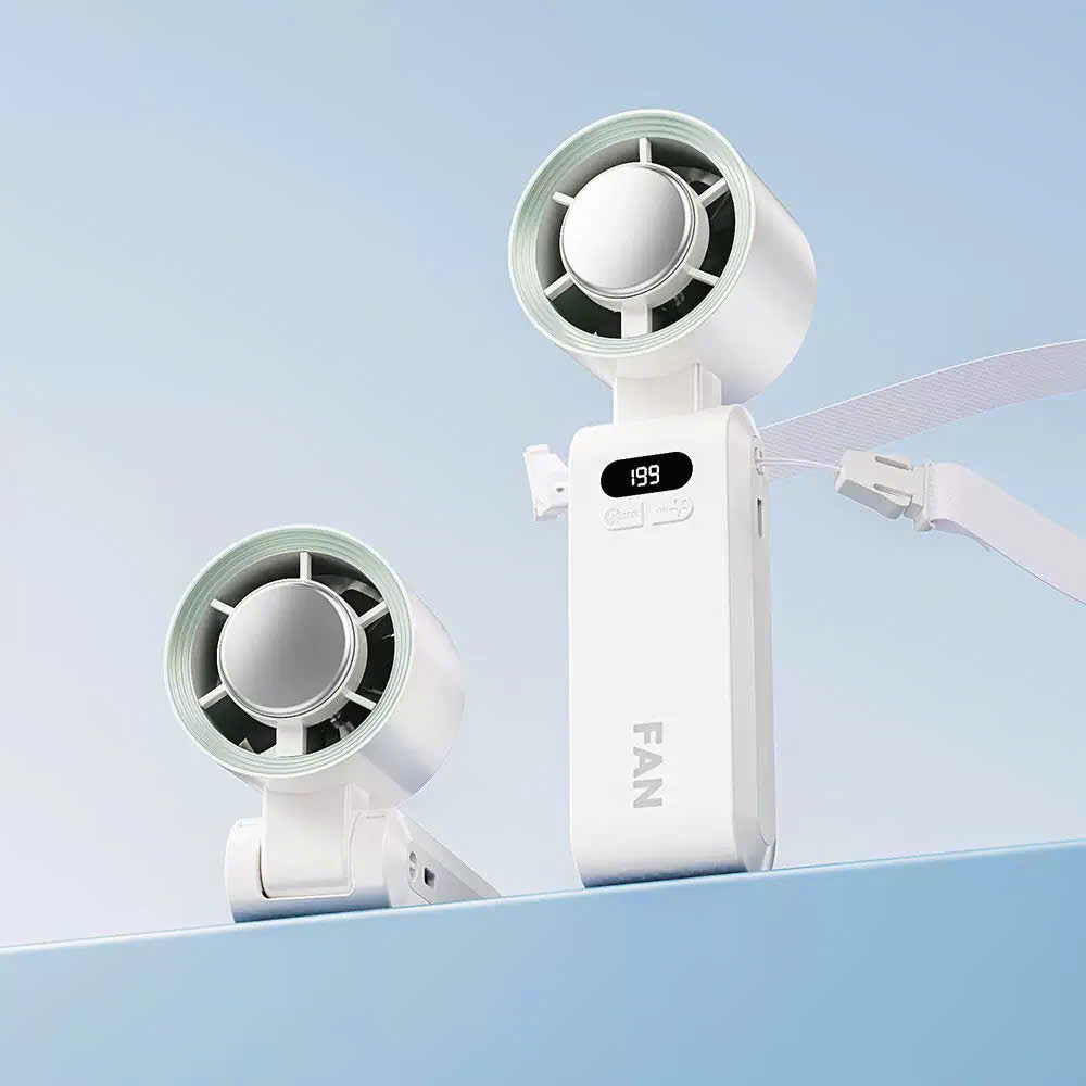Portable handheld turbo fan with dual fan heads, digital display, and wearable neck strap