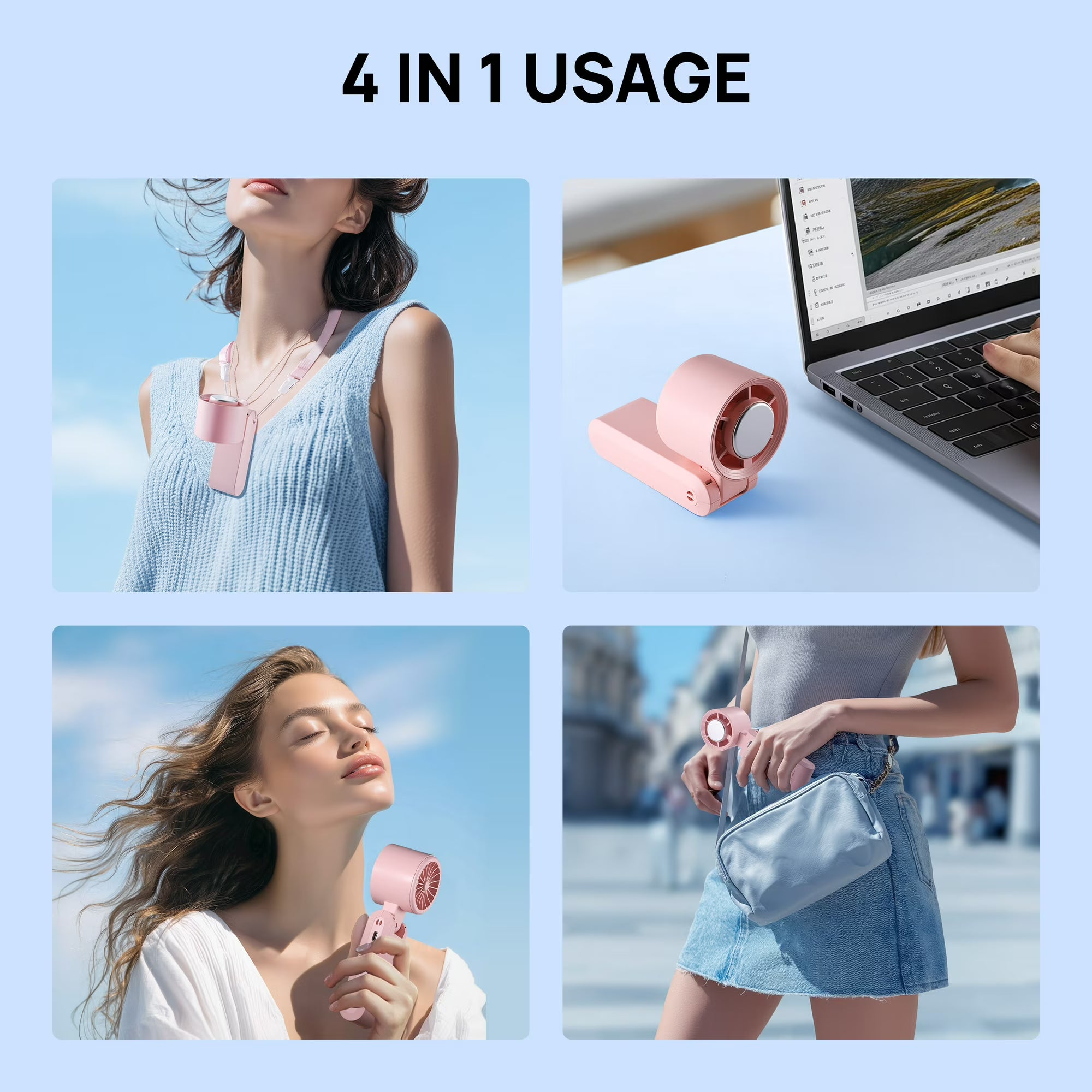 Portable handheld turbo fan with dual fan heads, digital display, and wearable neck strap