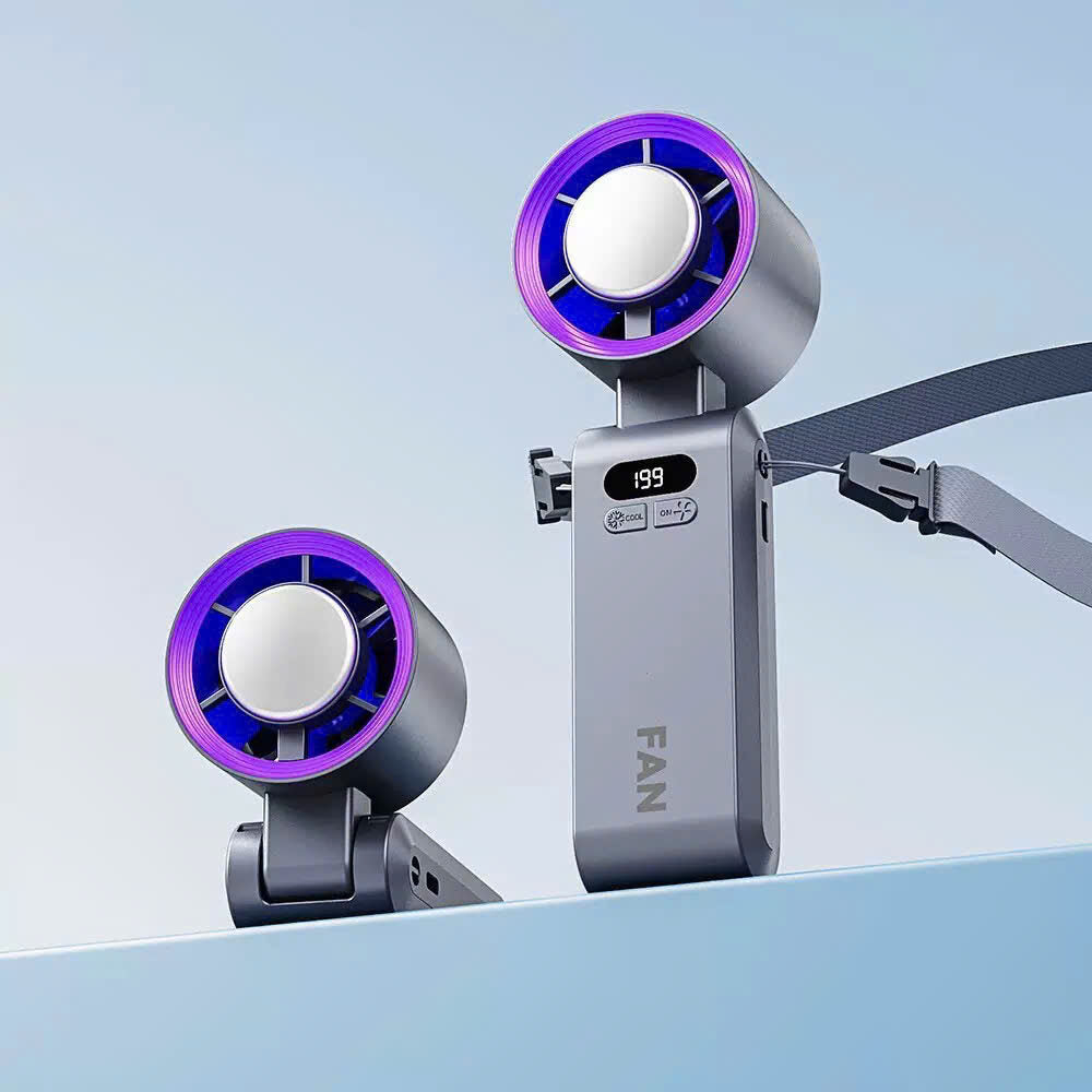 Portable handheld turbo fan with dual fan heads, digital display, and wearable neck strap